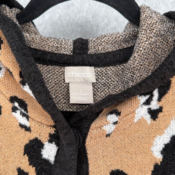 Chicos Long Line Knit Cardigan Sweater Size 1/M Animal Print Hood Cozy NEW - Picture 9 of 14